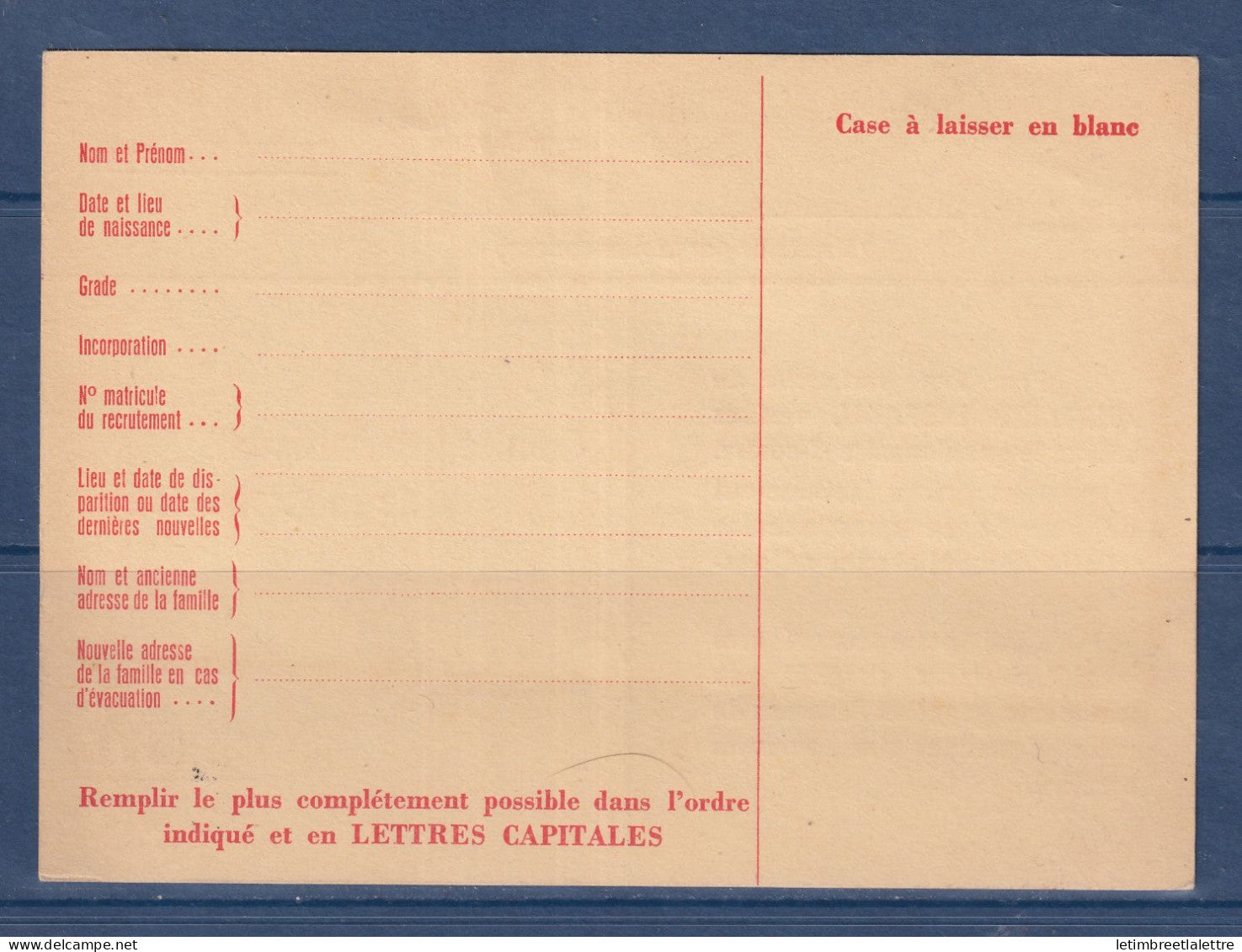 France - Carte formulaire Croix Rouge - Service des familles dispersées - Franchise