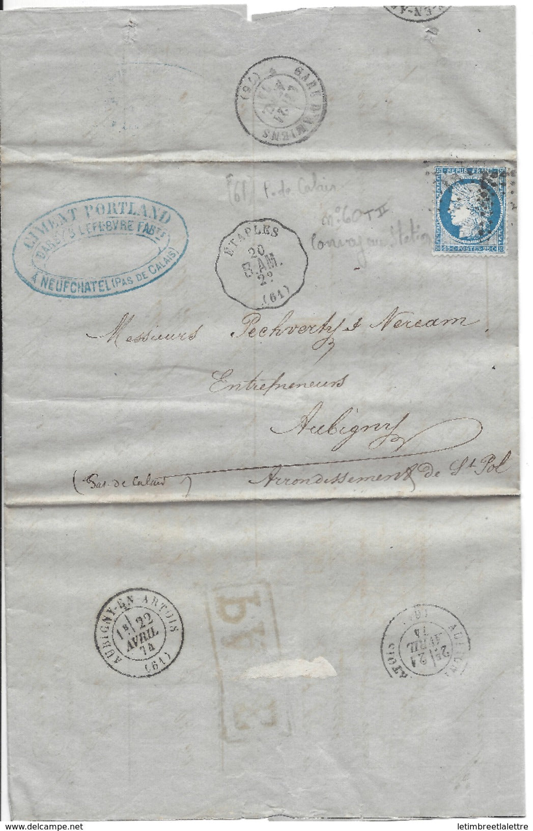 N° 60 Type 2 sur lettre du Pas de Calais, ( Convoyeur Station )