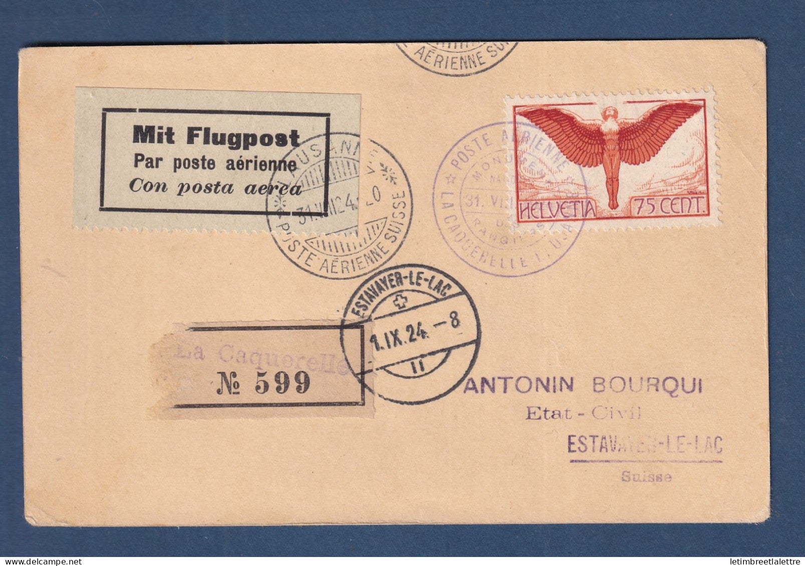 Suisse - Poste aérienne - recommandé pour Estavayer le Lac - Vol de la Caquerelle - 1924