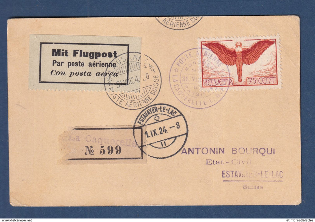 Suisse - Poste aérienne - recommandé pour Estavayer le Lac - Vol de la Caquerelle - 1924