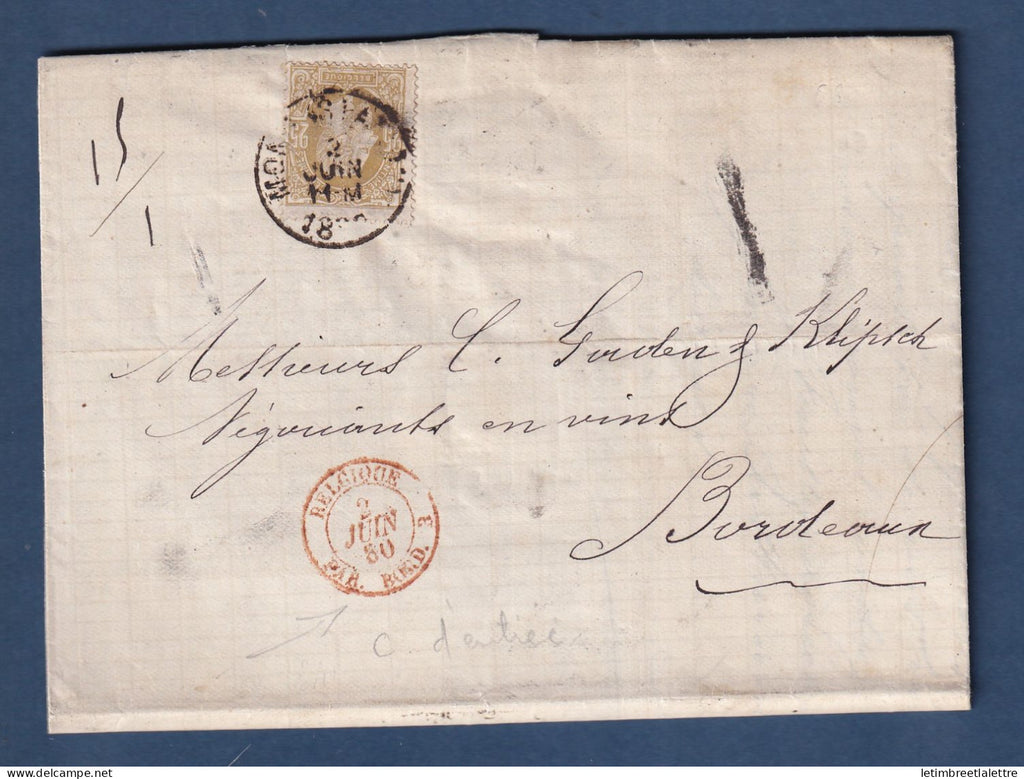 Belgique - YT n° 32 sur lettre de Mons pour Bordeaux avec cachet d'entrée rouge de Belgique - 1880