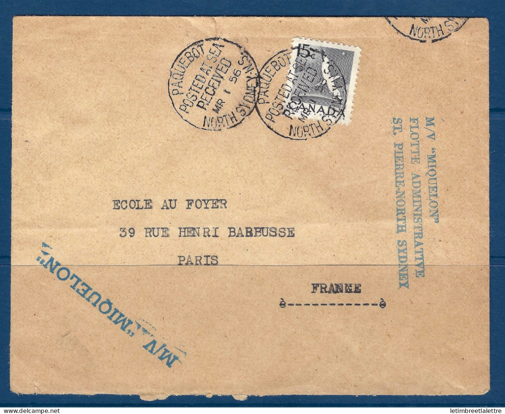 Saint Pierre et Miquelon - griffe bleue Miquelon Flotte administrative - Cachet Paquebot - Sidney - 1956