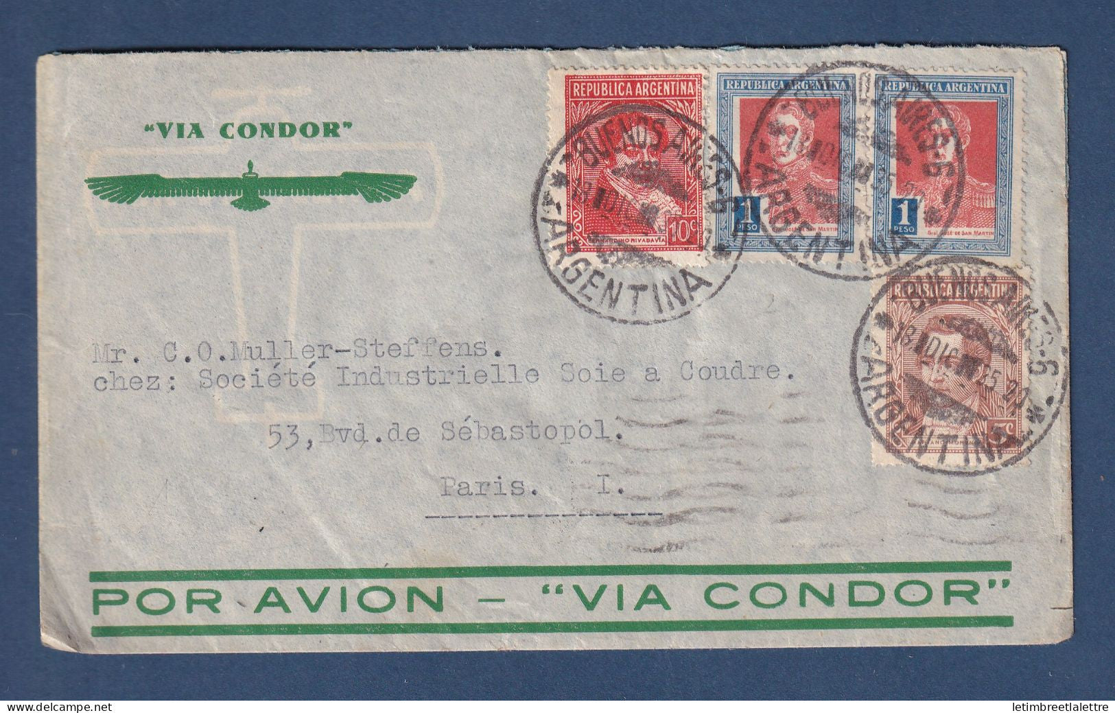Argentine - poste aérienne - Buenos Aires par avion via Condor pour Paris ( Condor N° 124 R ) - 1935