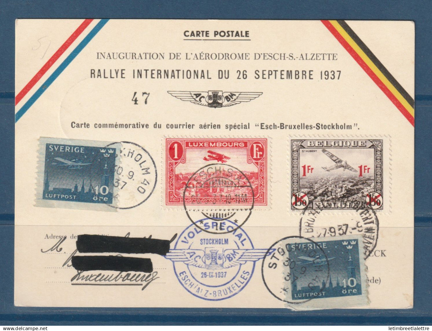 Belgique - Rallye International du 26 septembre 1937 - vol spécial - Ech Bruxelles Stockholm