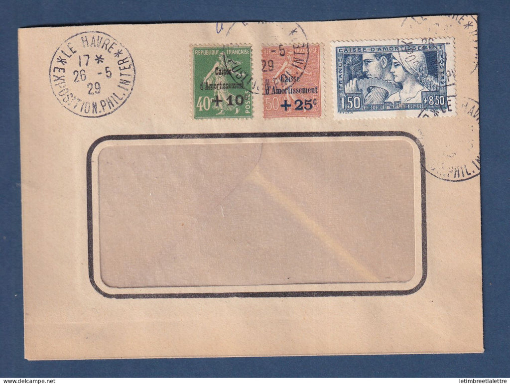 France - YT n° 250 252 et 253 oblitéré Le Havre Exposition philatélique sur enveloppe à fenêtre - 1929