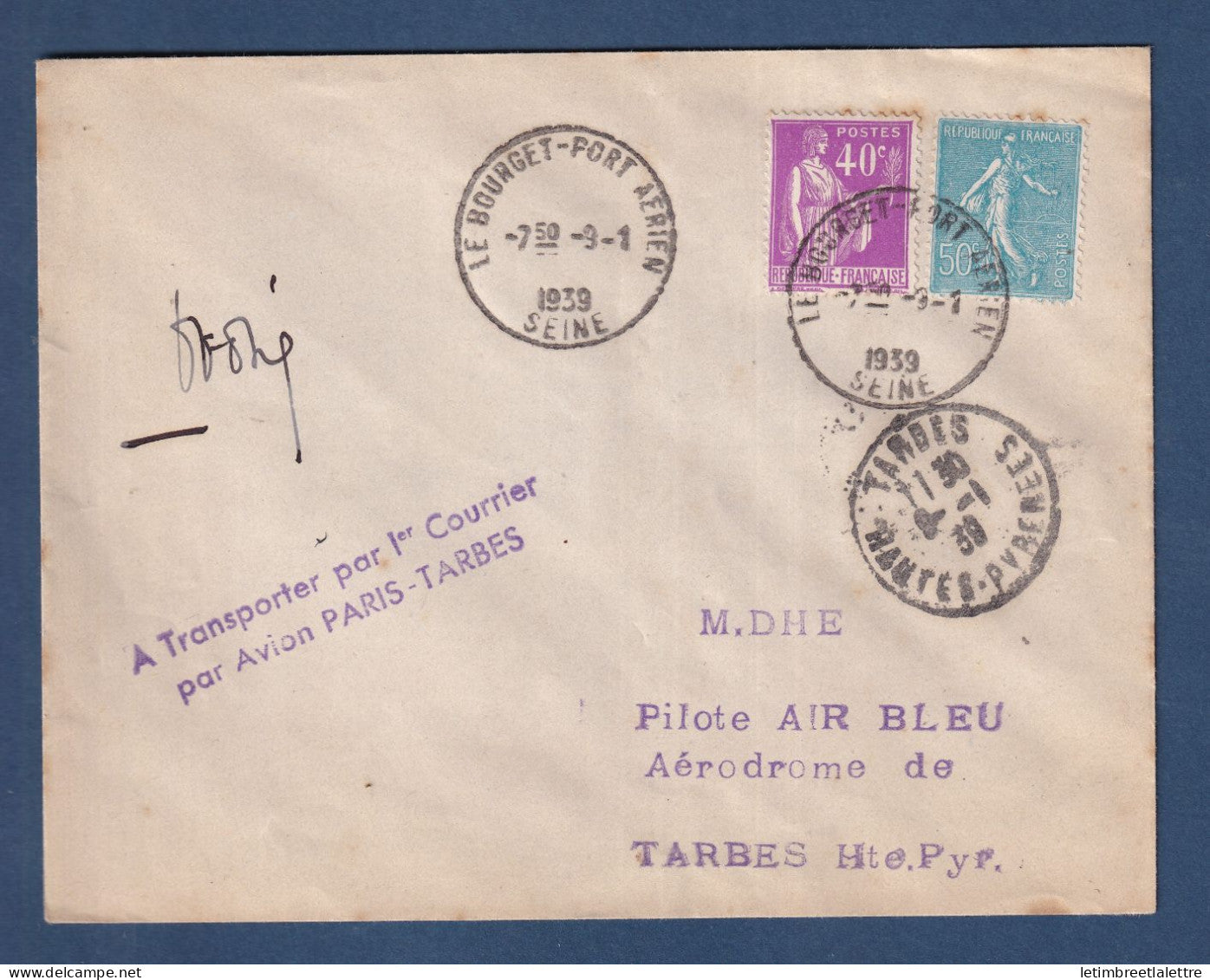 France - 1er courrier par avion Paris Tarbes - signé du Pilot - 1939