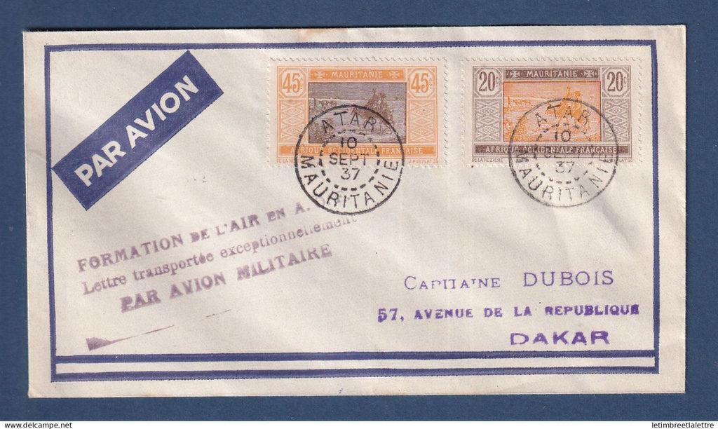 Mauritanie - Poste aérienne - Enveloppe transportée Exceptionnellement par avion militaire - Atar 1937