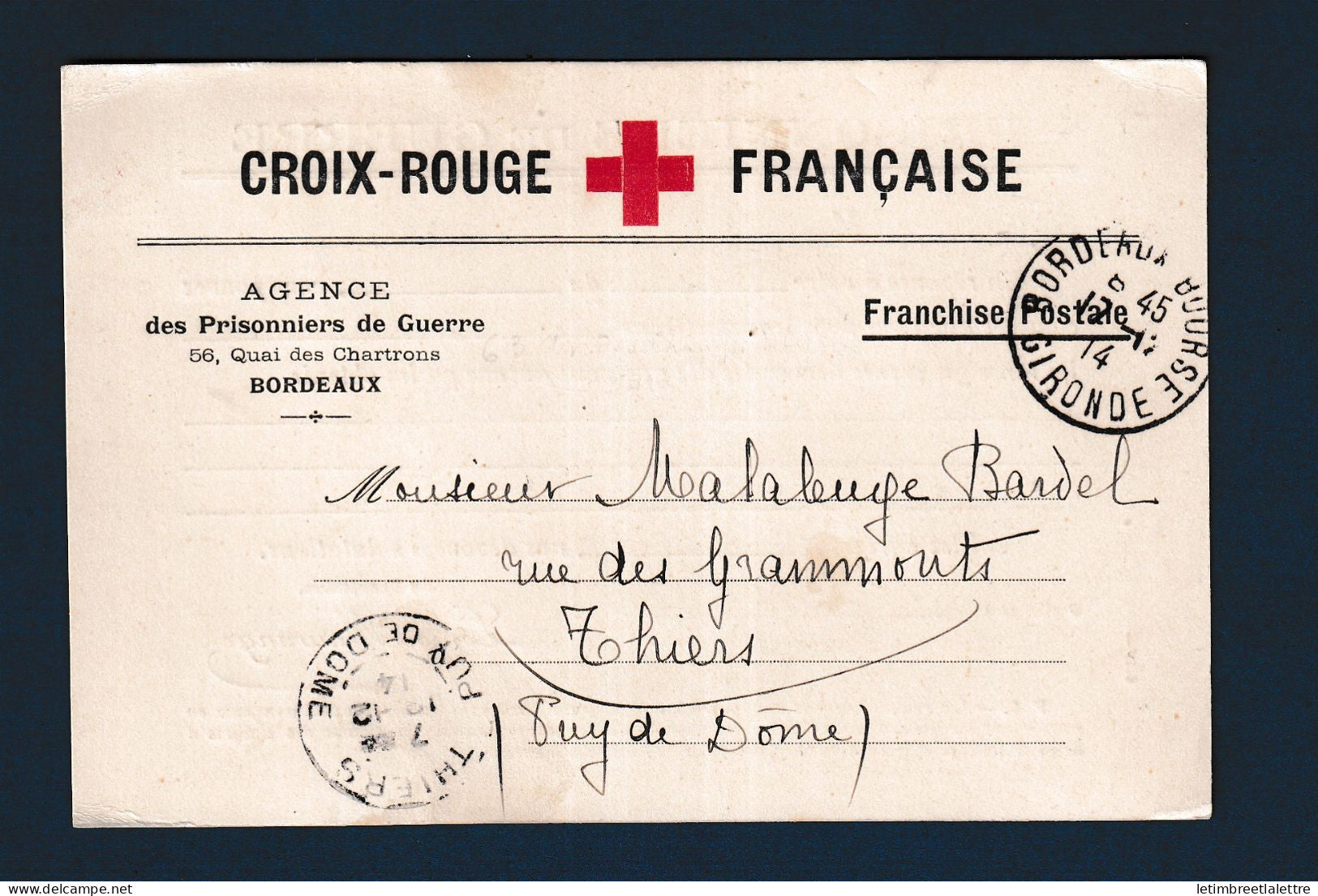 France - Franchise - croix rouge - prisonnier de guerre - Bordeaux - 1914
