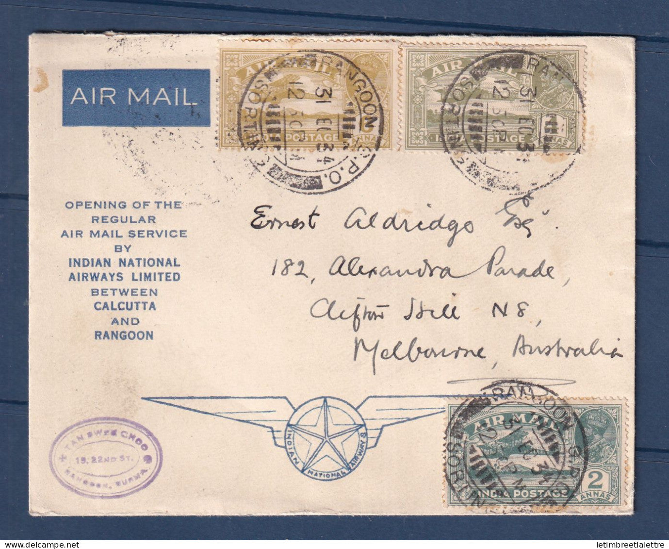 Birmanie Burma - Poste aérienne - premier vol Indian National Airways - Rangoon Melbourne - 1934