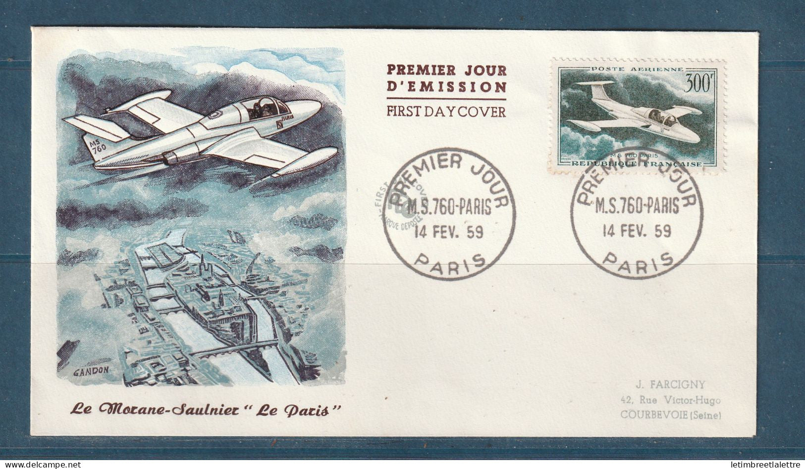 France - Poste aérienne YT n° 35 - FDC - Premier jour - Le Morane Saulnier MS 760  - 1959