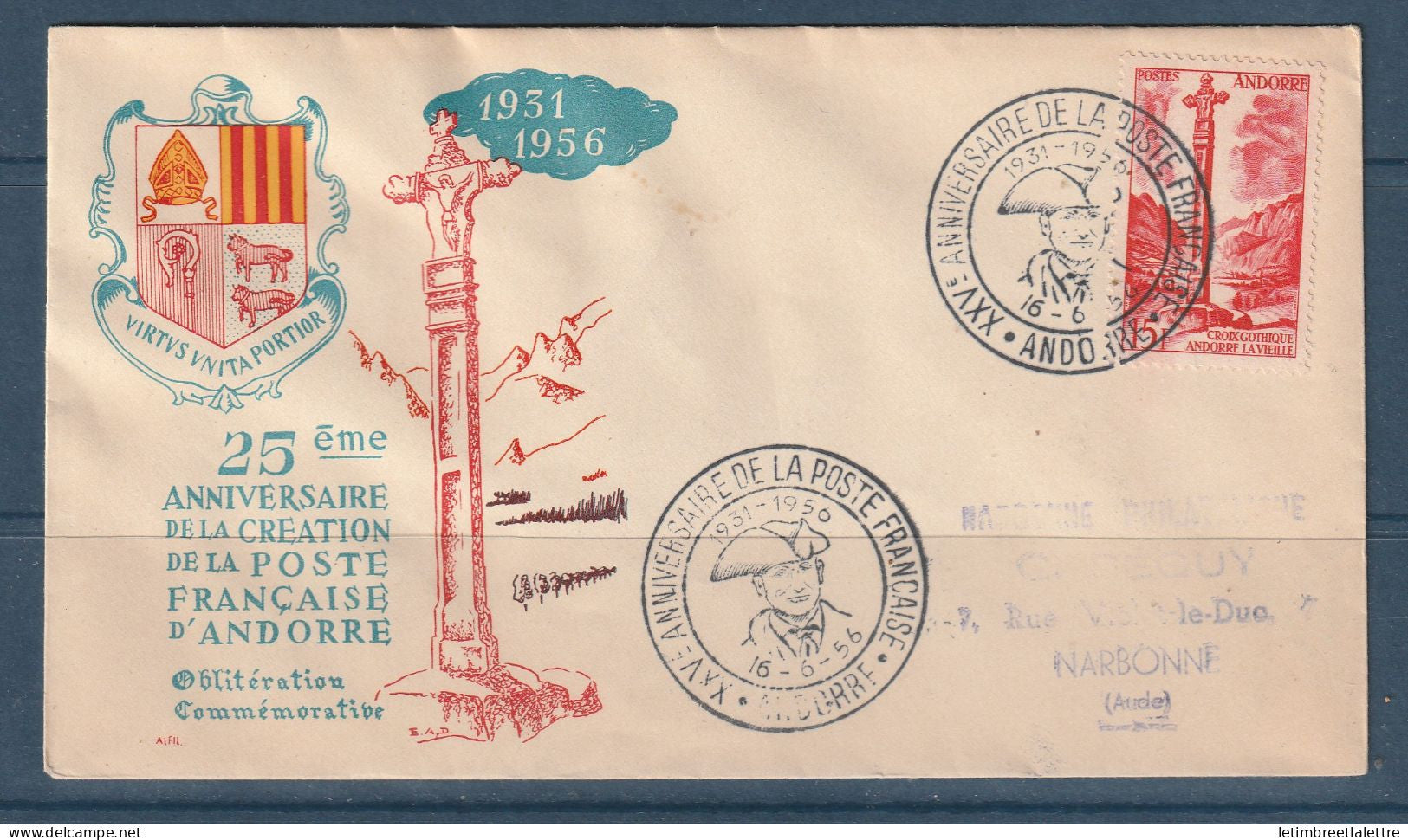 Andorre - Premier jour FDC - 25eme anniversaire de la création de la poste française d'Andorre - 1956
