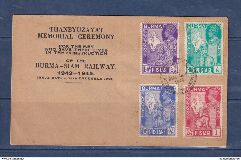 Myanmar - Birmanie - Burma - YT n° 50 à 53 - Enveloppe commémorative Thanbyuzayat Memorial Ceremony - 1946