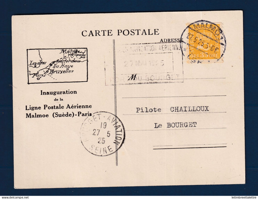Suède - YT n° 137 - inauguration de la ligne postale aérienne Malmö Paris sur Carte Postale - 1925