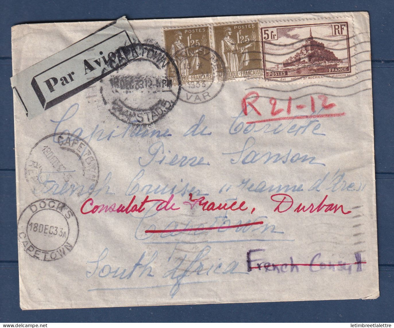 France - YT n° 287 et 260 sur lettre de Toulon pour Cape Town par avion à destination du Consulat de France - 1933