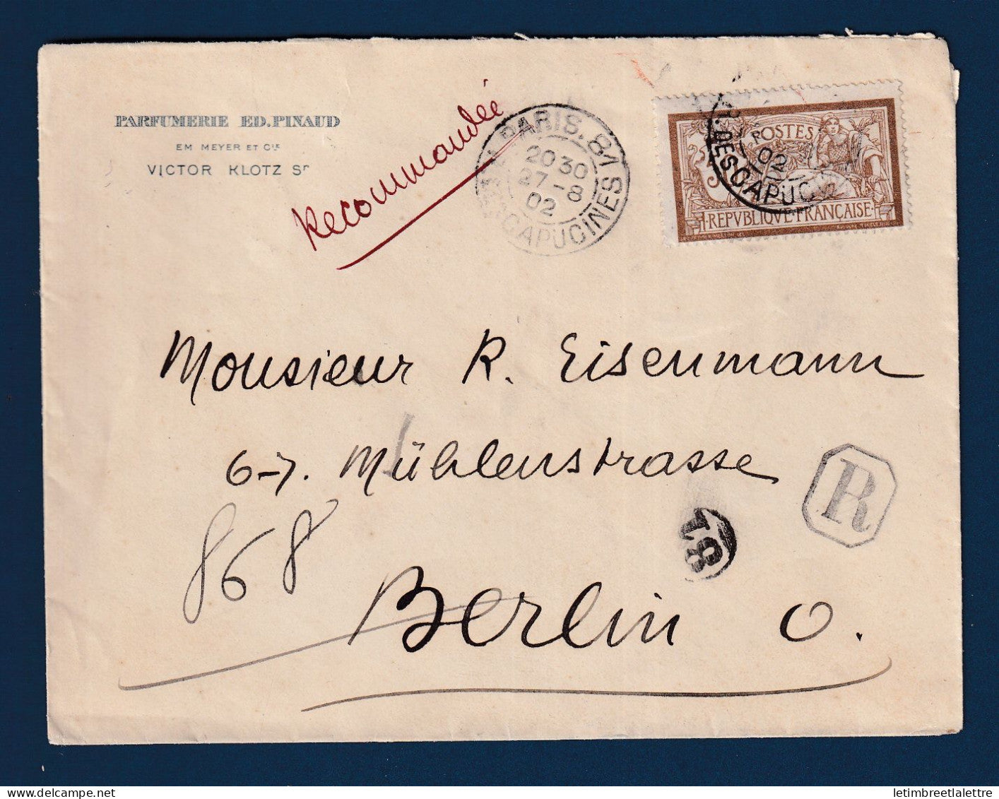 France - YT n° 120 ( merson ) oblitéré rue des Capucines sur recommandé pour Berlin - 1902