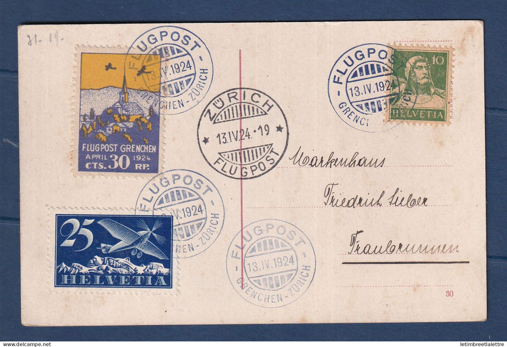 Suisse - carte postale de la Journée aérienne à Herisau en 1913 avec vignette ( errinophilie ) - Granges Zurich - 1924