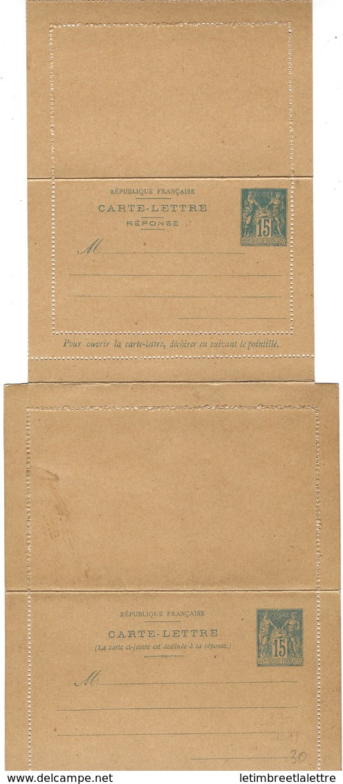 France, Entier postal, Carte lettre avec réponse payée, carton chamois, 130 mn x 80 mn ( 15 centimes Sage )