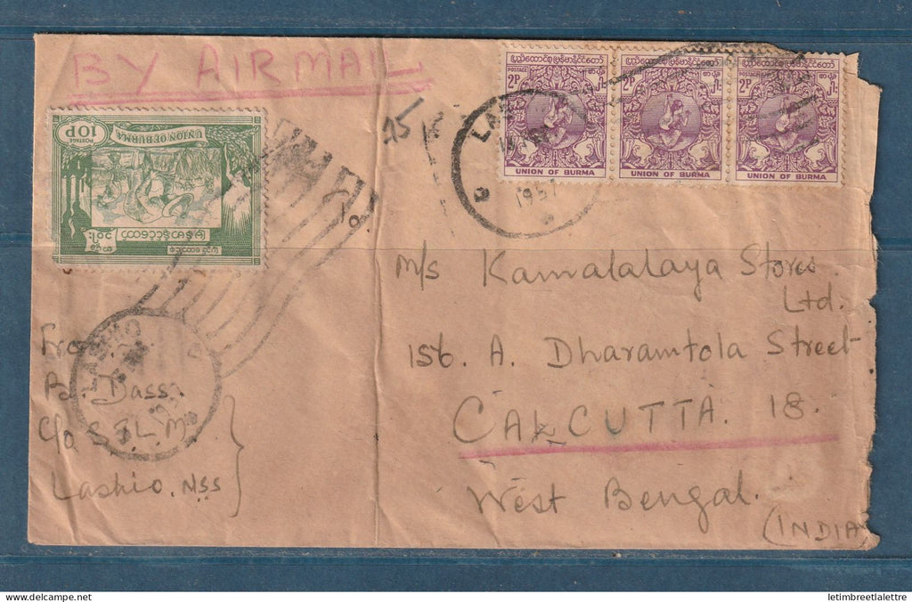 Myanmar - Birmanie - Burma - enveloppe par avion pour Calcutta ( Inde ) - bel affranchissement - 1957