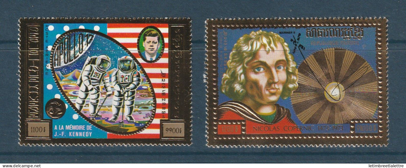 Cambodge - timbre en or - Kennedy et Copernic - 1974