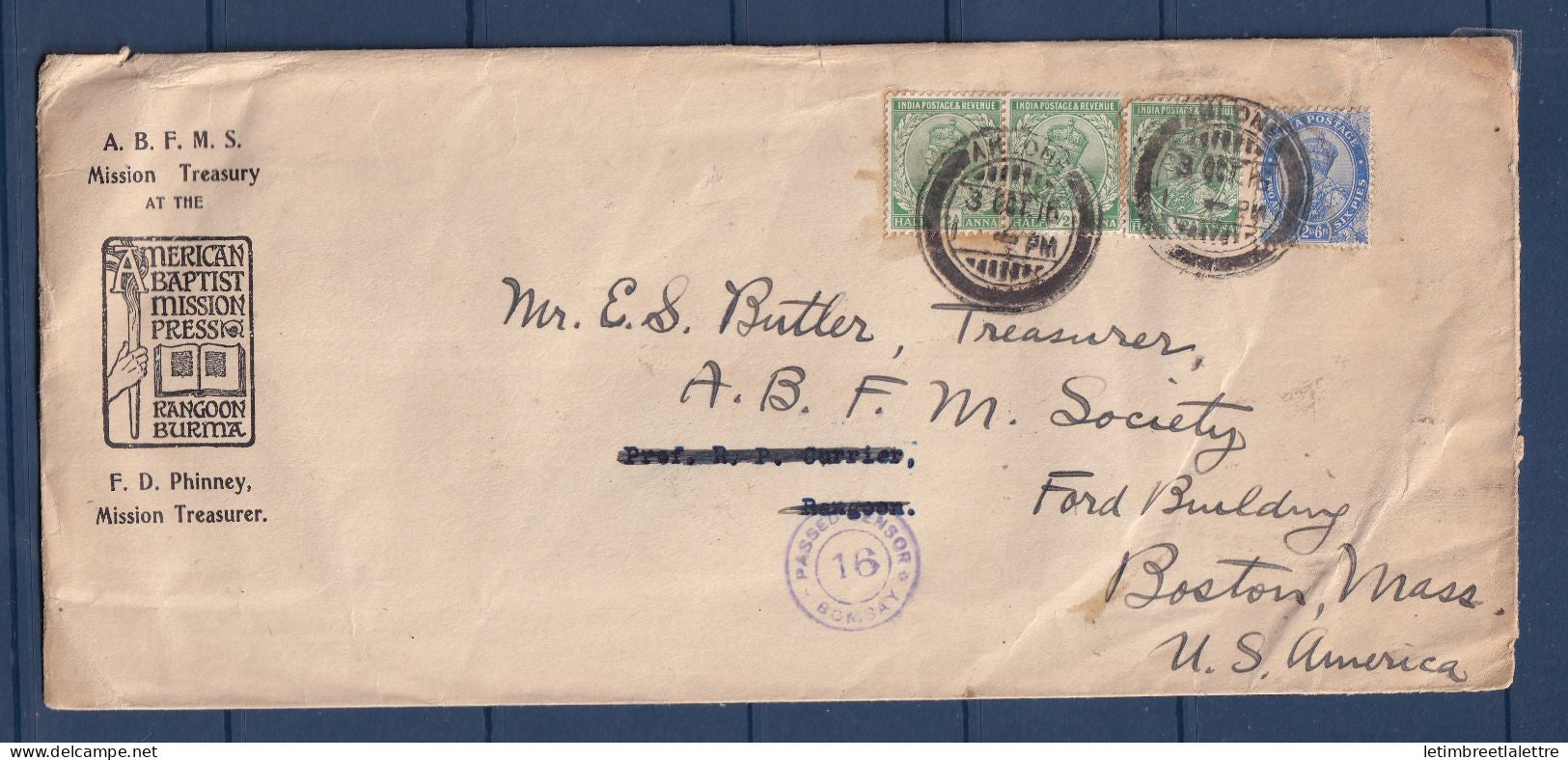 Birmanie - Burma - avec Inde YT n° 76 et 84 sur lettre de Ahlone pour les USA via Bombay - American  Baptist Mission