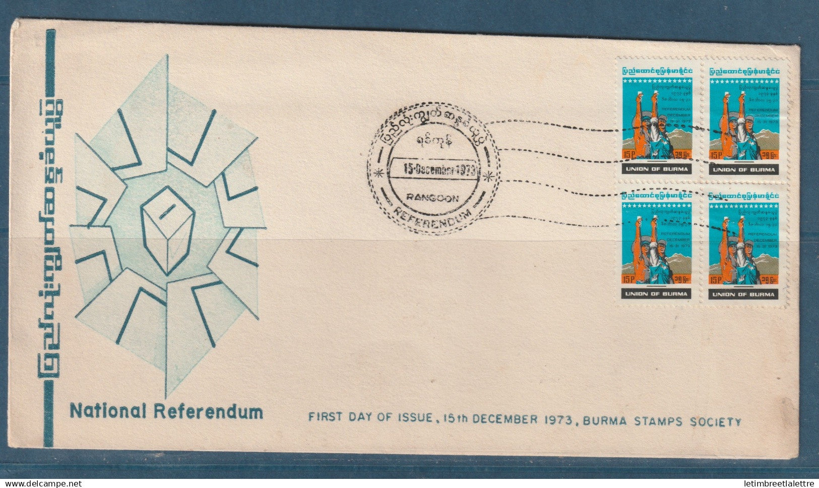 Myanmar - Birmanie -  Burma - YT n° 147 - FDC Premier jour Référendum national - 1973