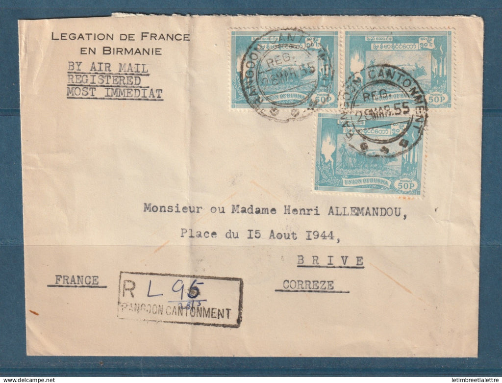 Myanmar - Birmanie - Burma - YT n° 62 - recommandé par avion de Rangoon Cantonment pour Brive ( France ) - 1955