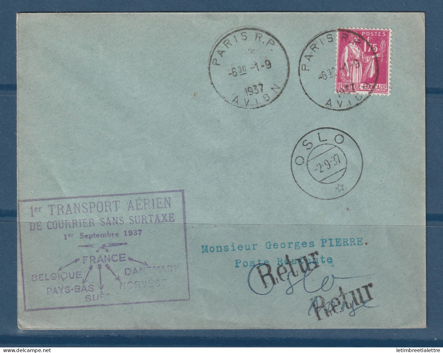 France - Poste aérienne - Premier transport aérien du courrier sans surtaxe - Septembre 1937