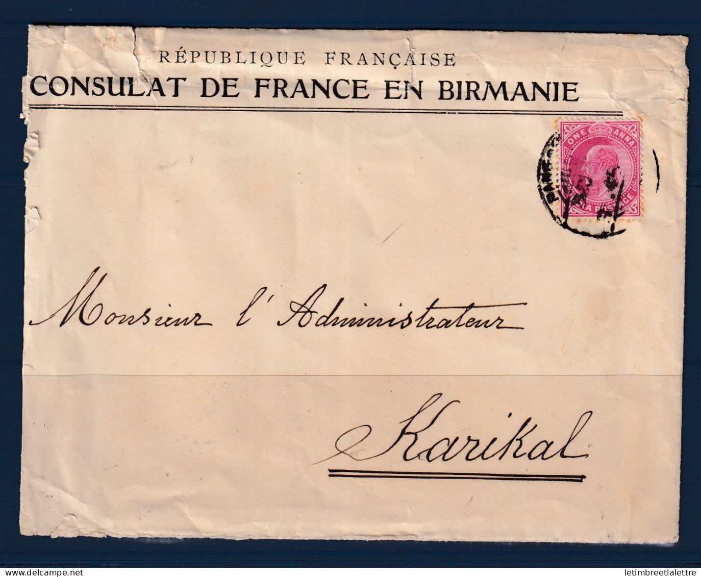 Birmanie - Burma - avec Inde YT n° 59 sur lettre pour Karikal ( Inde ) - consulat de France l'administrateur - 1908