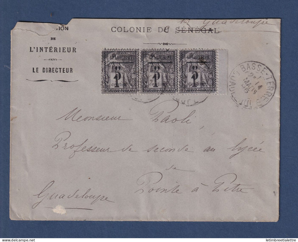 Guadeloupe - YT n° 6 bande de 3 sur Enveloppe de Basse Terre pour Pointe à Pitre - 1895