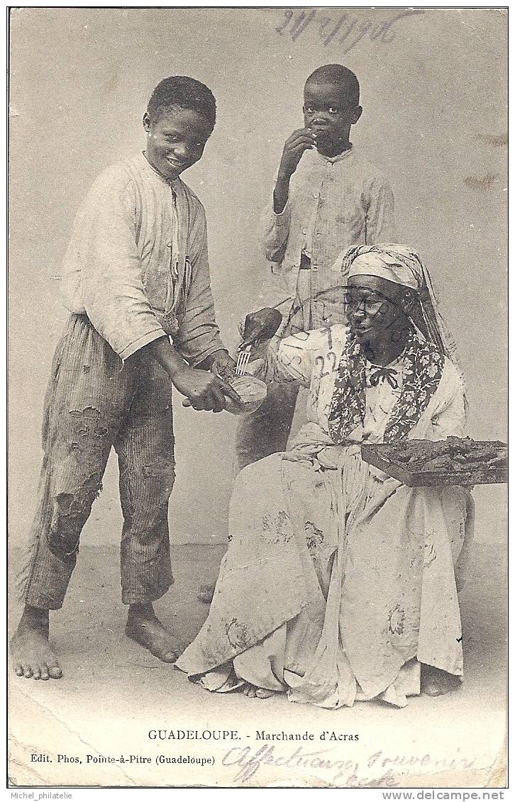 CPA, Guadeloupe, marchande d'Acras, avec au dos correspondance