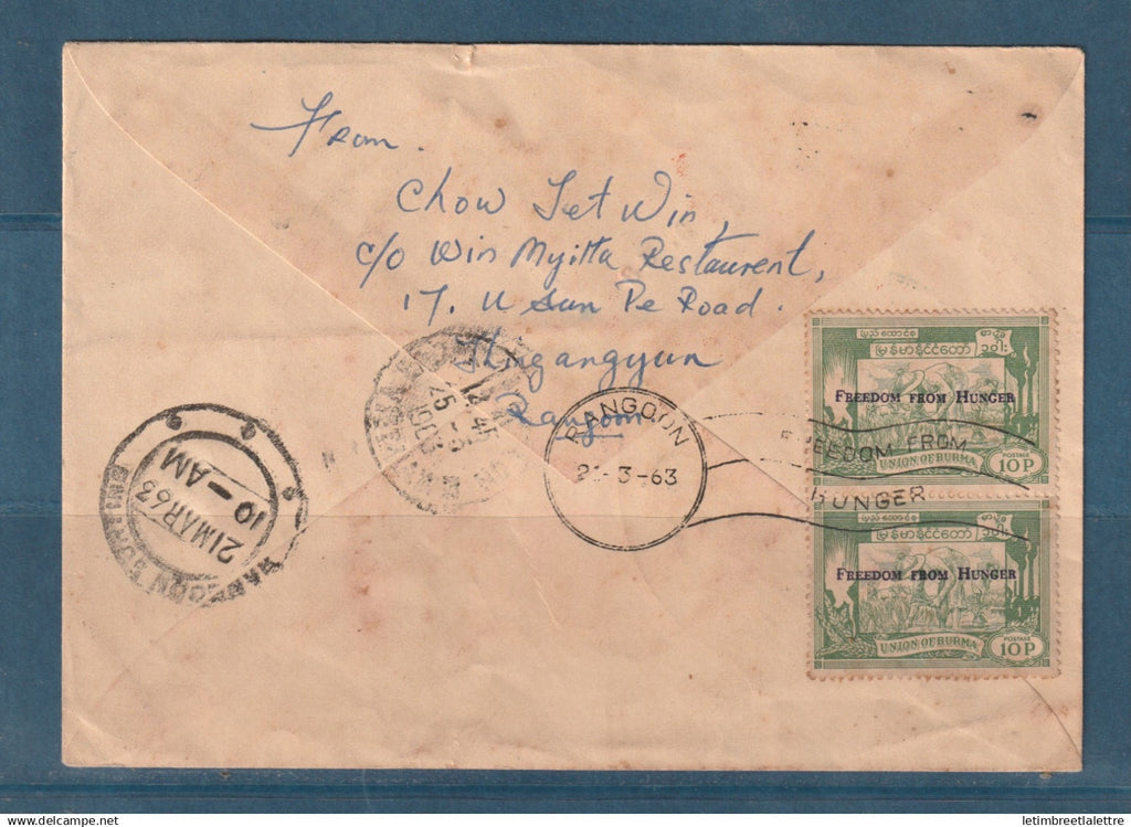 Myanmar - Birmanie - Burma - YT n° 88 et 89 - FDC premier jour Freedom from Hunger - pour Cholon Vietnam - 1963