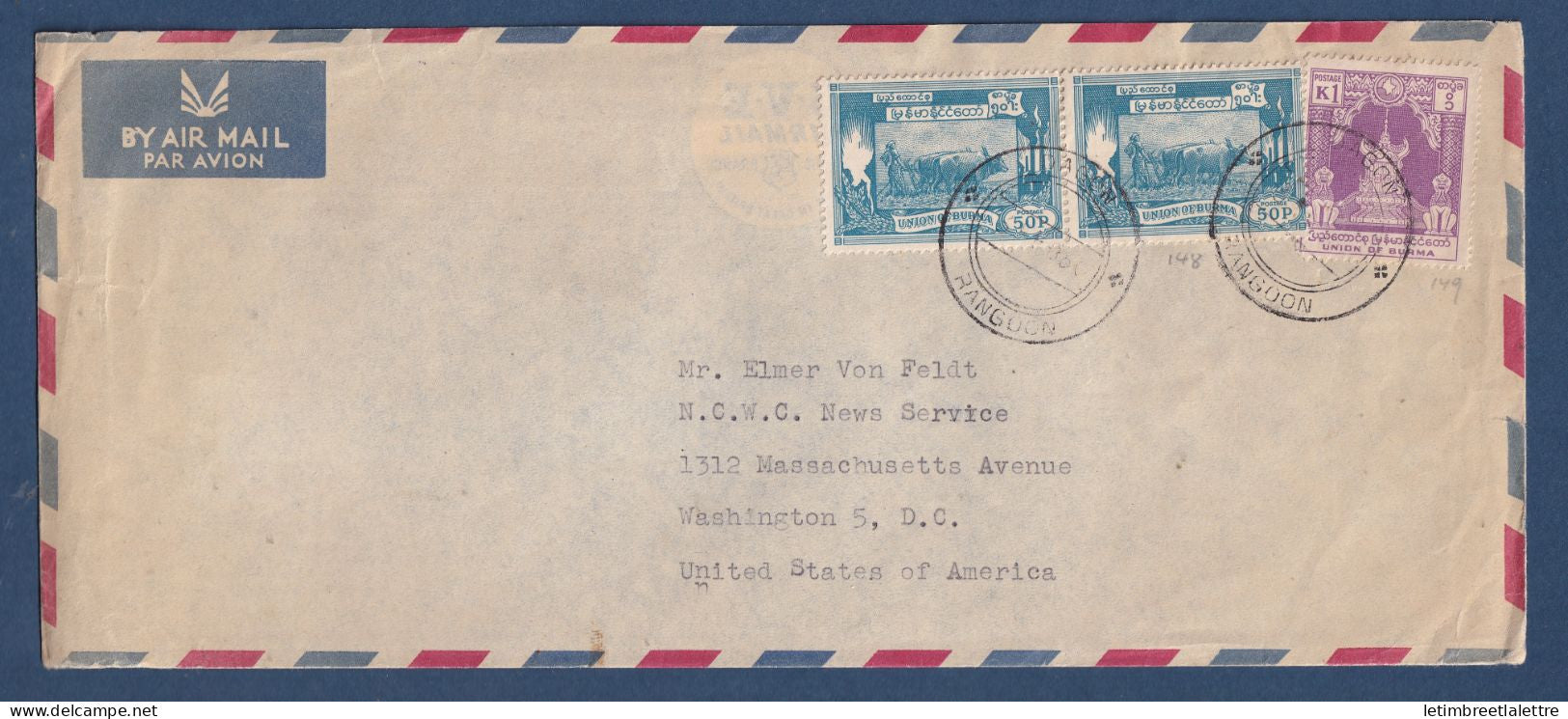 Birmanie - Burma - YT n° 148 et 149 sur enveloppe de Dagon ( Rangoon ) pour les USA - Par avion