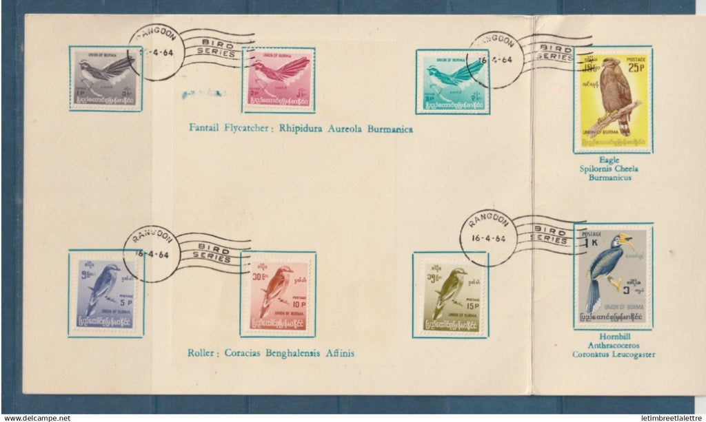 Myanmar - Birmanie -  Burma - YT n° 90 à 101 - oblitéré Birds series sur document - thématique oiseaux - Rangoon - 1964