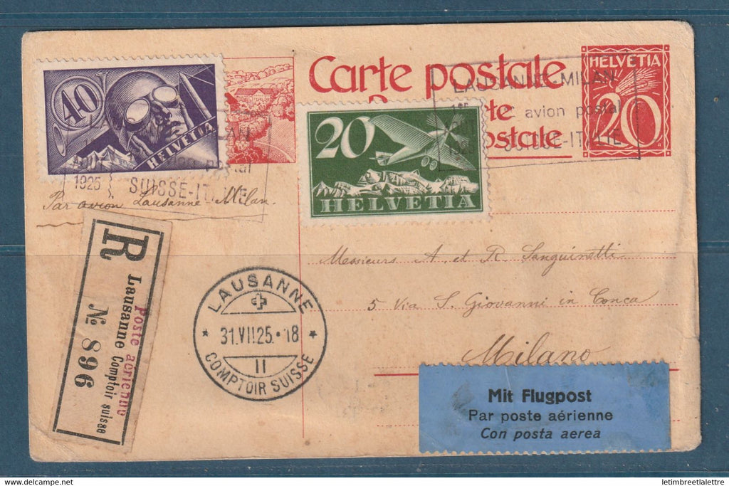 Suisse - Premier vol -  Aérogramme entier postal - Lausanne Milan le 1 Août 1925