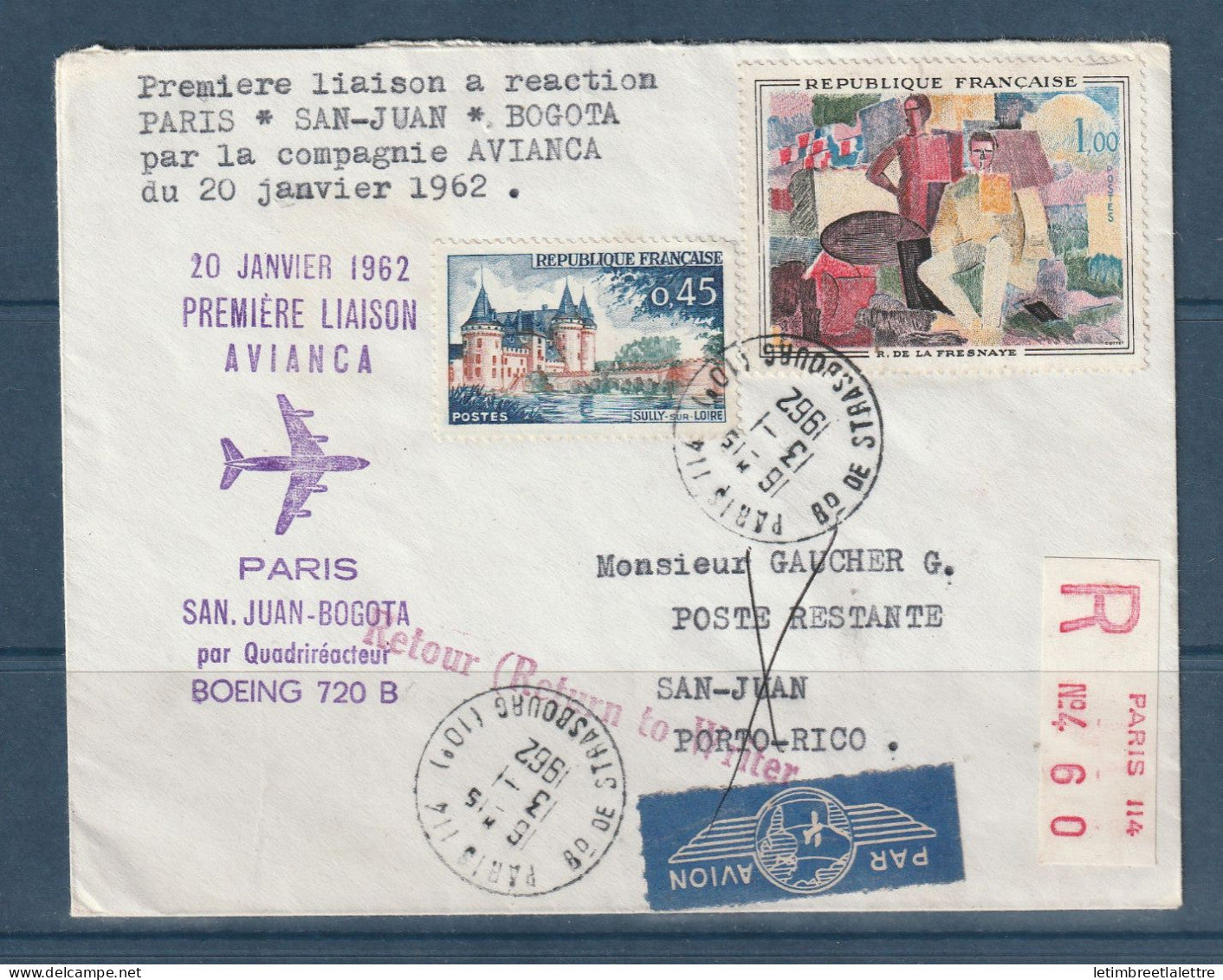 France - Première liaison a réaction Paris San Juan Bogota par la compagnie Avianca - en recommandé - 1962