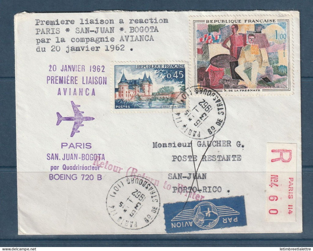 France - Première liaison a réaction Paris San Juan Bogota par la compagnie Avianca - en recommandé - 1962