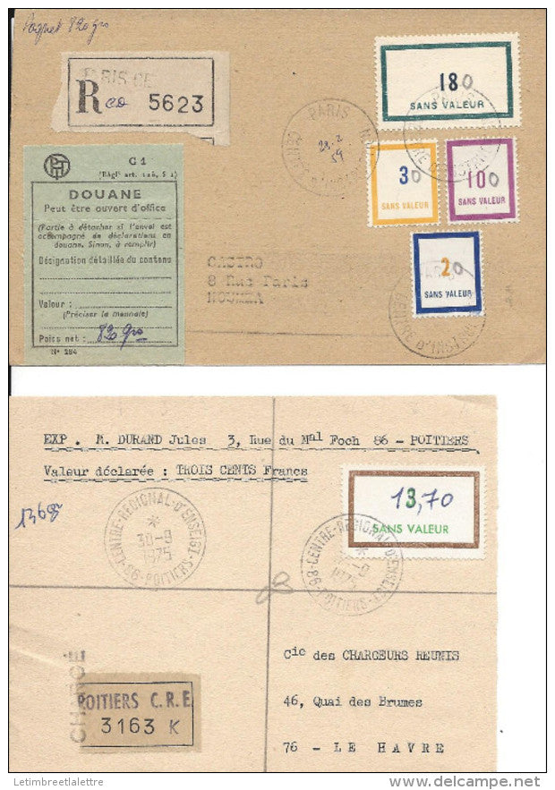 Lot de 2 paquets, 1 de VD 136gr surchargé manuscrit 13.7 centre de Poitiers 30/9/75 + 1 paquet recommandé Douane ....