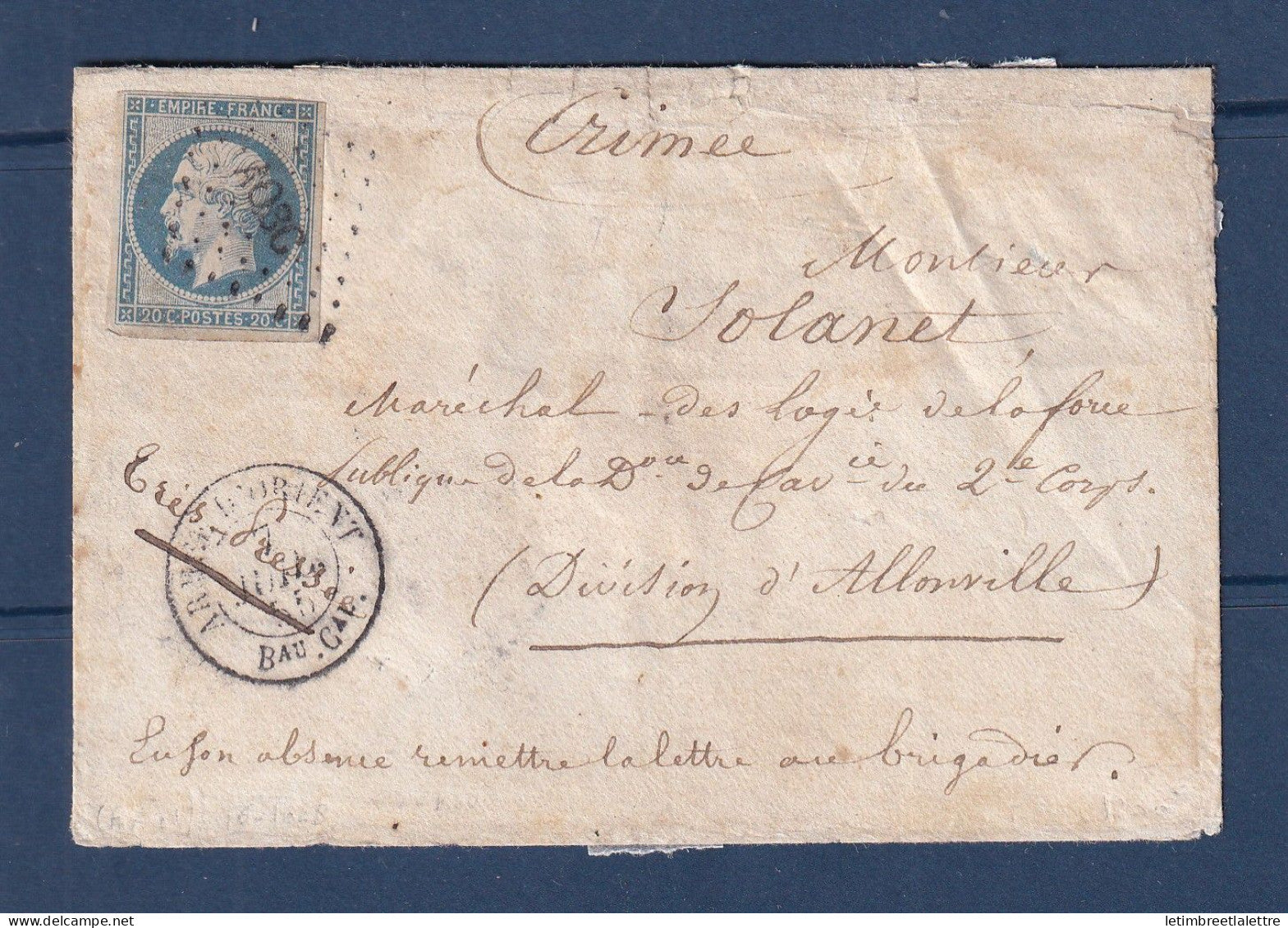 France - Armée d'Orient pour un soldat du même corps en Crimée 1855 - les lettres internes sont RARES
