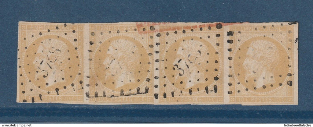 France - YT n° 13 a - Oblitéré - bande de 4 - Jaune citron - filets intacts - signé Roumet - 1853