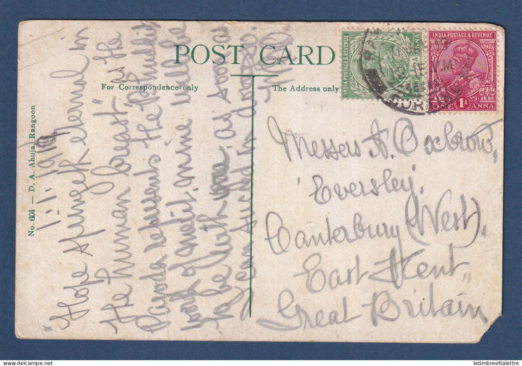Birmanie - Burma - avec Inde YT n° 76 et 77 sur carte postale - pour la Grande Bretagne - Temple