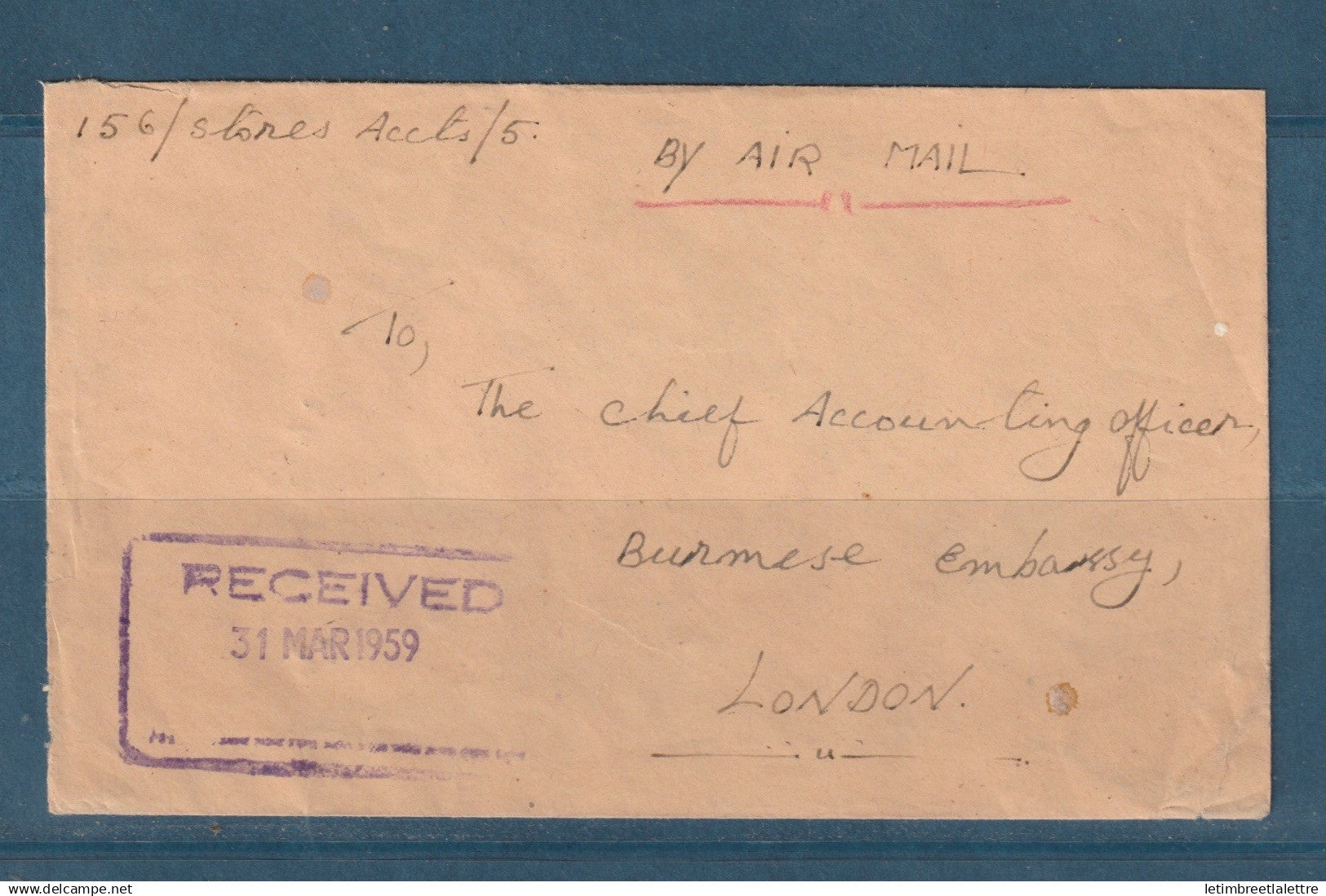 Myanmar - Birmanie - Burma - YT n° 56 60 et 63 sur enveloppe pour l'ambassade de Birmanie par avion pour Londres - 1950
