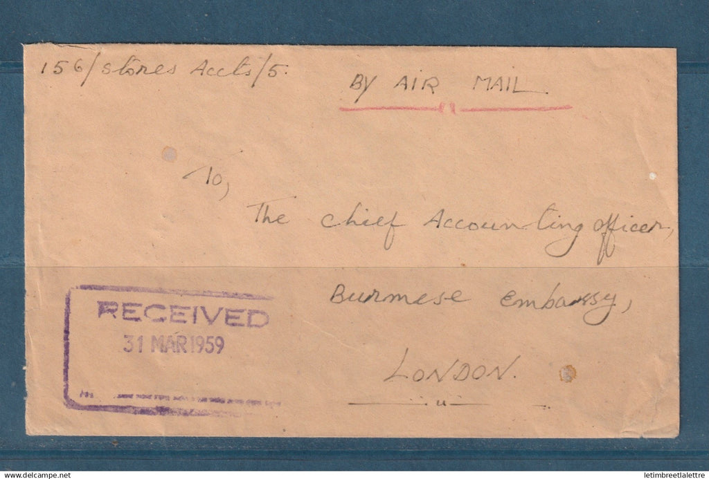 Myanmar - Birmanie - Burma - YT n° 56 60 et 63 sur enveloppe pour l'ambassade de Birmanie par avion pour Londres - 1950