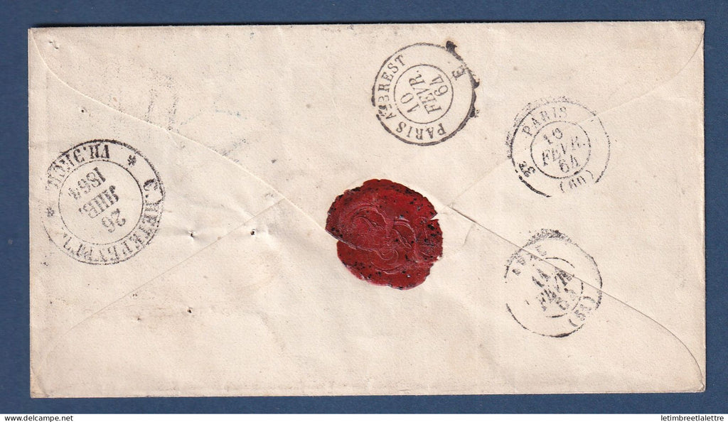 Russie - Prusse pour Laval ( France ) via Ligne Prusse à Erquelinnes ( Erquelines ) cachet bleu - 1864