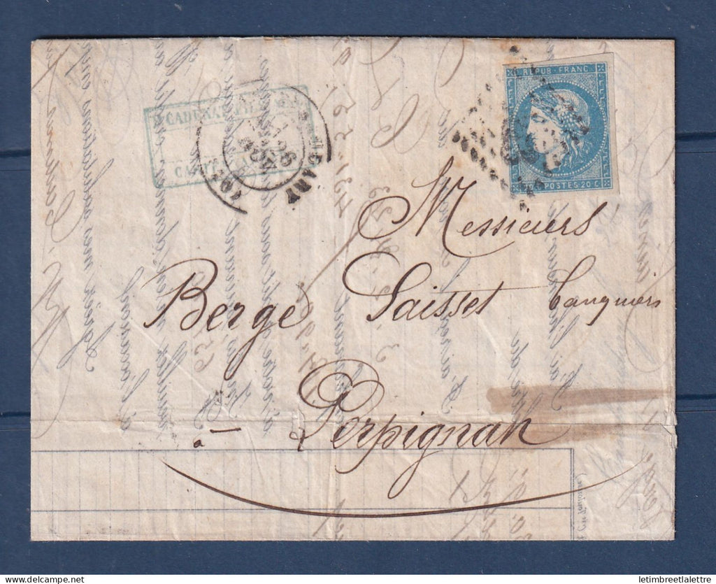 France - YT n° 44 Bien margé sur lettre pour Perpignan - 1870
