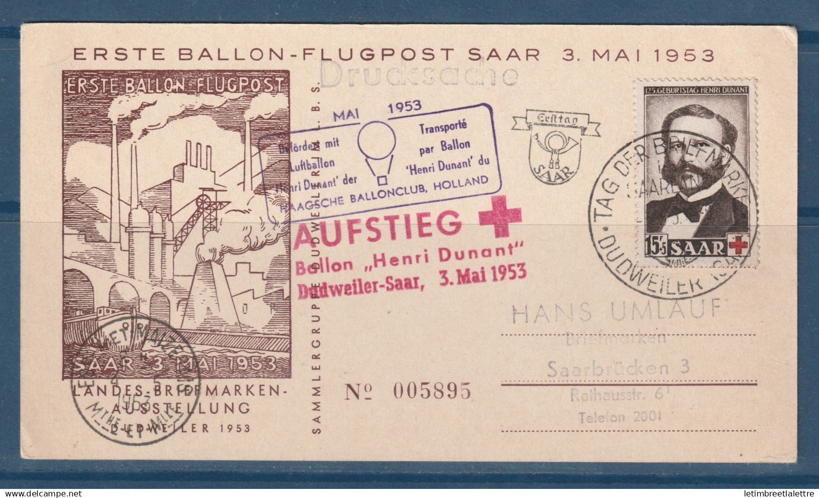 Saar - FDC - Premier jour Croix Rouge - transport par Ballon Henri Dunant - 1953