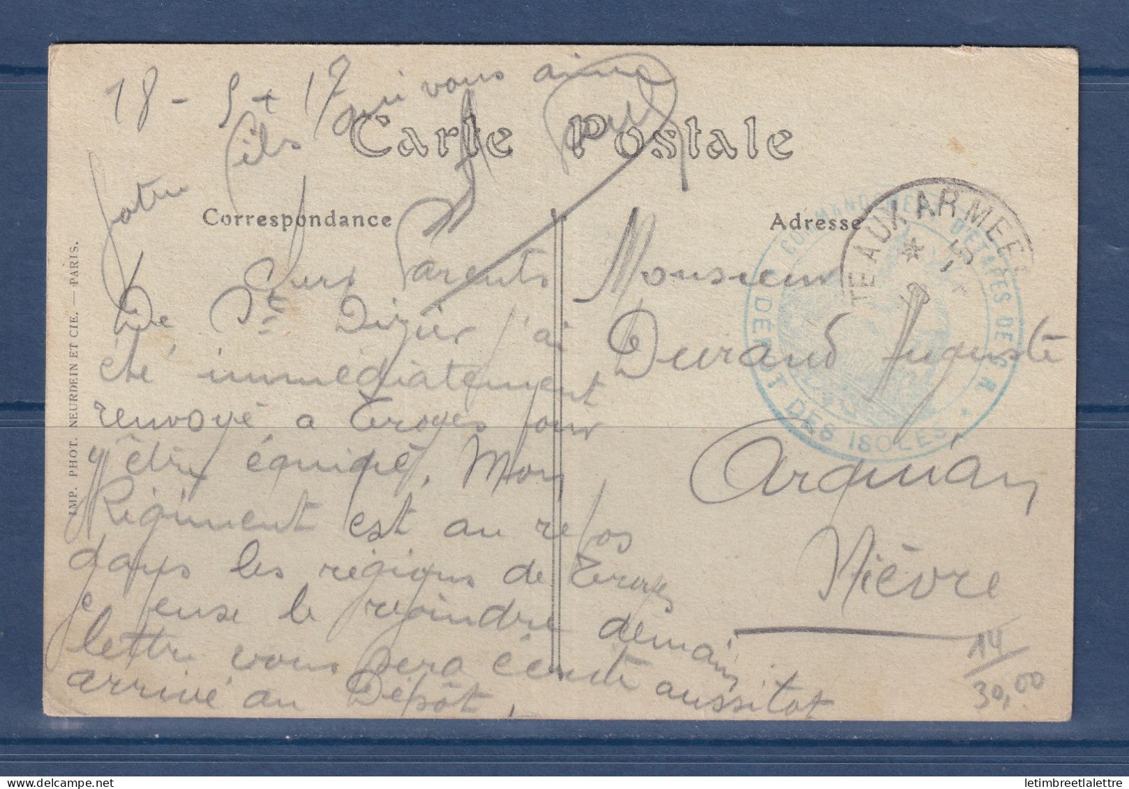 France - carte postale - franchise du dépôt des isolés - poste aux armées - 1917