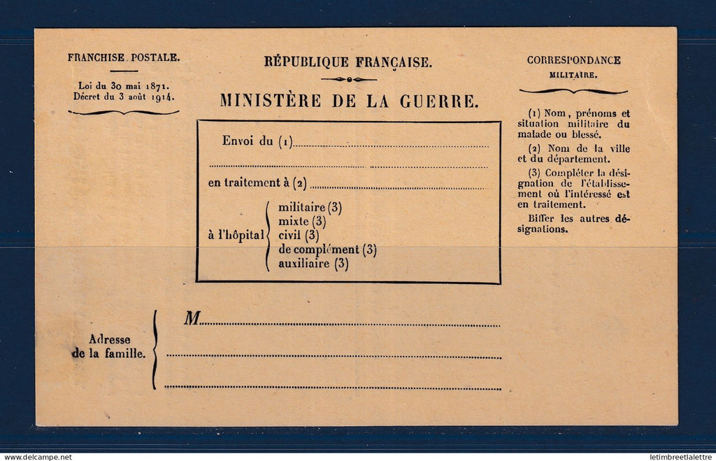 France - carte postale - correspondance militaire - ministère de la Guerre - franchise - 1914