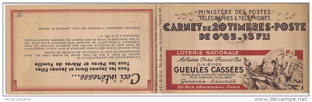 Carnet, de 20 timbres poste de 0fr65 - 13frs