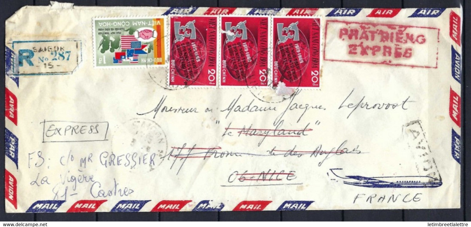 ⭐ Vietnam - Recommandée de Saigon - Avec griffe rouge Express - Par Avion - Lettre réexpédiée - 1970 ⭐