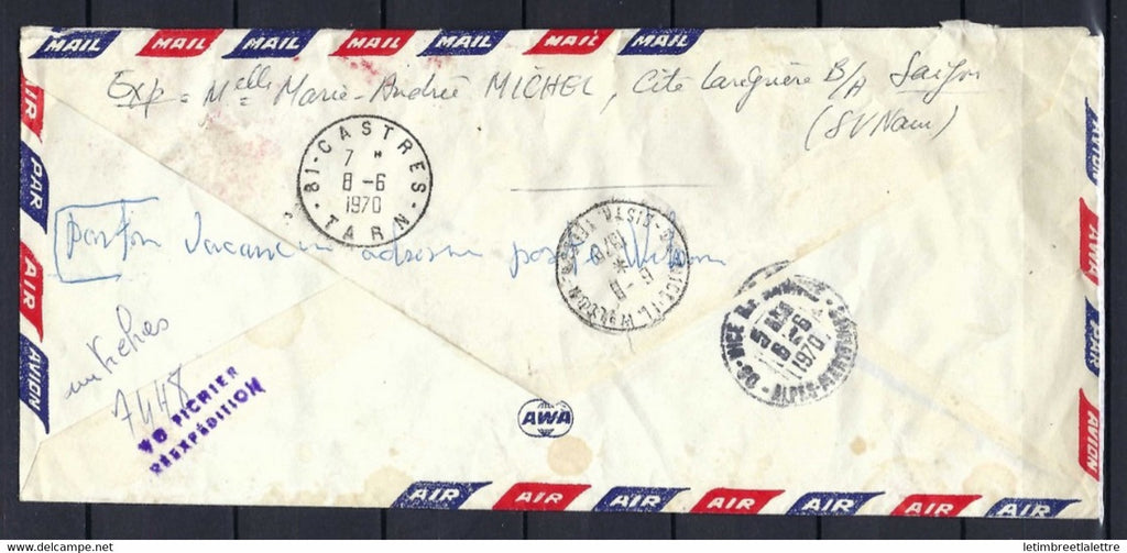⭐ Vietnam - Recommandée de Saigon - Avec griffe rouge Express - Par Avion - Lettre réexpédiée - 1970 ⭐